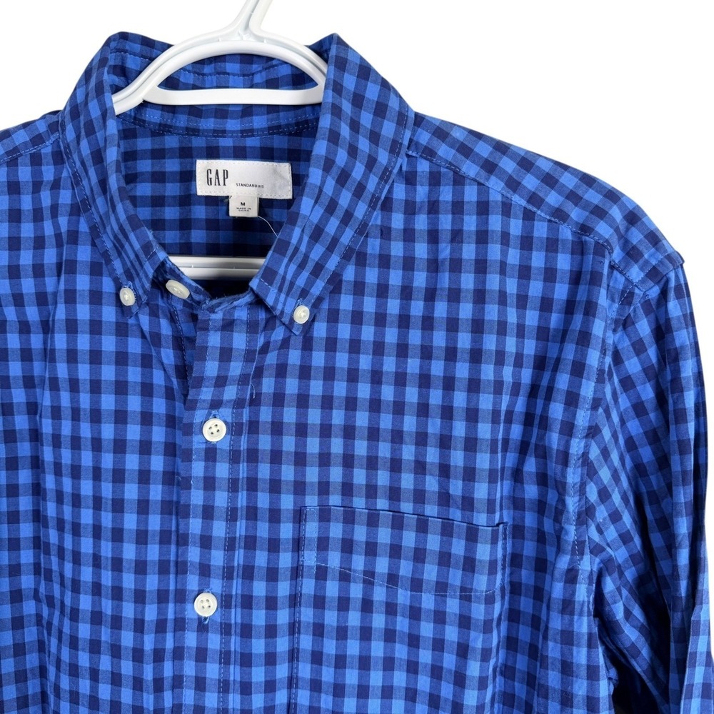Gap Standard Fit Button Down Shirt Mens M Blue Gingham‎ Check Long Sleeve Cotton